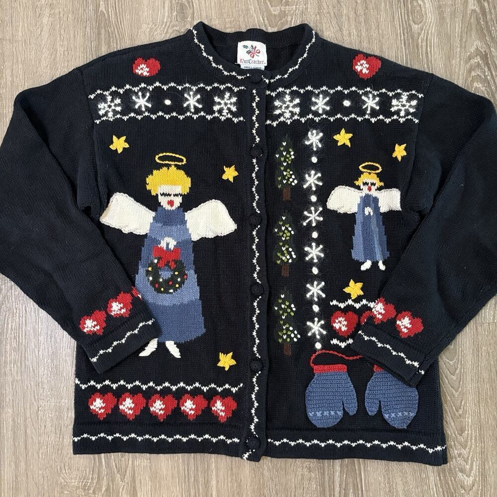 VTG Nutcracker Angel Ugly Christmas Sweater Cardigan Wool Granny Core Small​​​